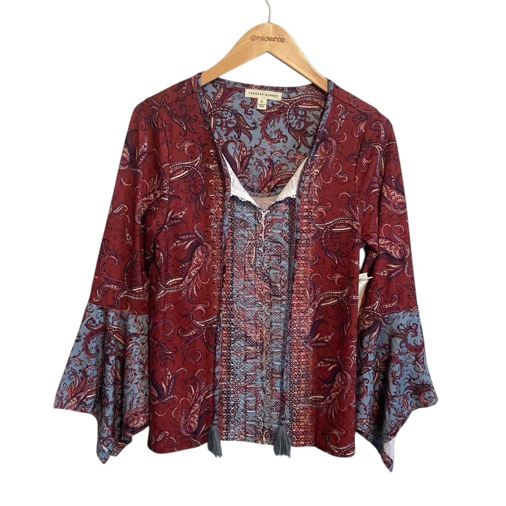NWT Farmer's Market Red and Blue Bell Sleeve Tassel Bohemian Peasant Top Small